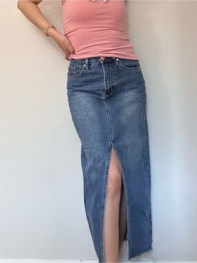 High-Waist Denim Maxi Skirt with Front Slit - Blue